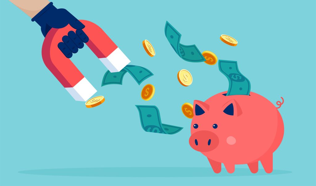 illustration of a hand with a magnet pulling money out of a piggy bank