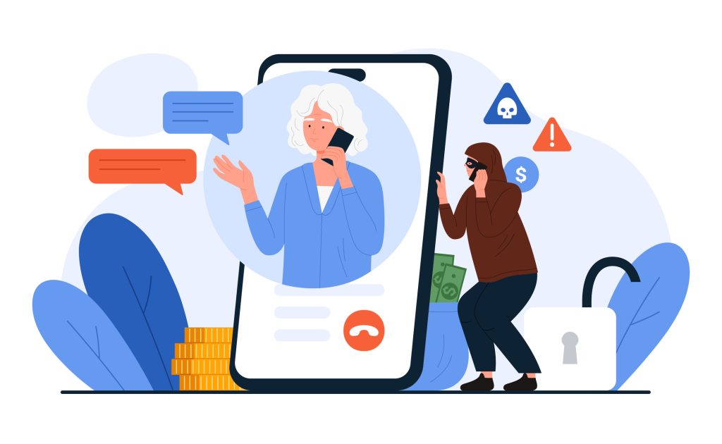 Elderly woman on mobile phone screen talking to scammer, scam and phishing of robber