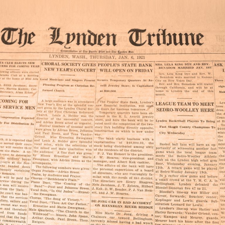 Peoples Bank on the Lynden Tribune's Front Page, January 1921
